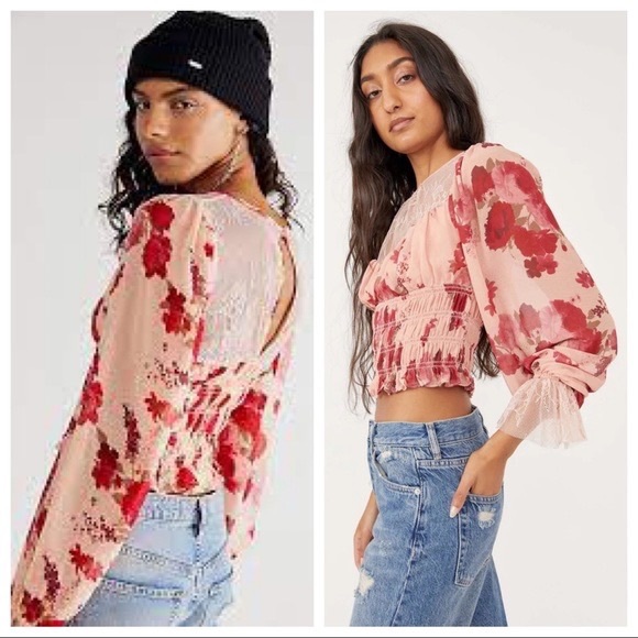 FREE PEOPLE BOHO BLOUSE FLORAL FESTIVAL PRINT LONG SLEEVES CROP TOP A3C - Picture 5 of 9